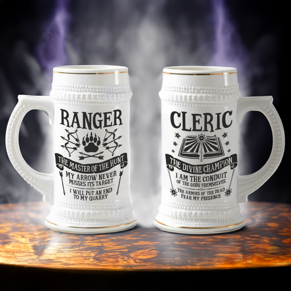 Two white ceramic tankards display "Ranger" and "Cleric" designs referencing D&D character classes, each featuring gold accents and decorative details.