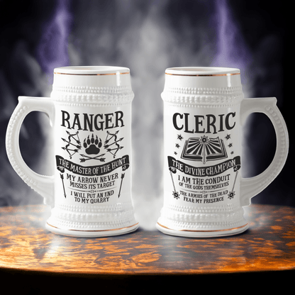 Two white ceramic tankards display "Ranger" and "Cleric" designs referencing D&D character classes, each featuring gold accents and decorative details.