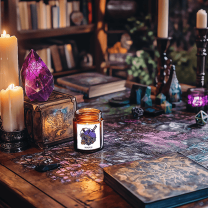 A Dungeons and Dragons scented candle labeled "Rogue" sits on a tabletop surrounded by dice, books, crystals, and candles in a dimly lit setting.