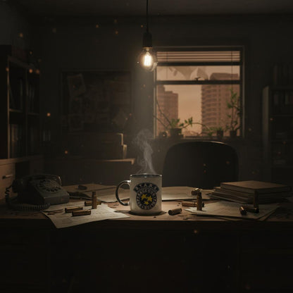 Dark office with a steaming mug on a desk, Resident Evil cityscape visible through window