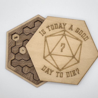 Two hexagonal wooden puzzles, one featuring a D20 die design and the other displaying "Jan" and the number "1," reference the DnD Edition Daily Calendar Puzzle.