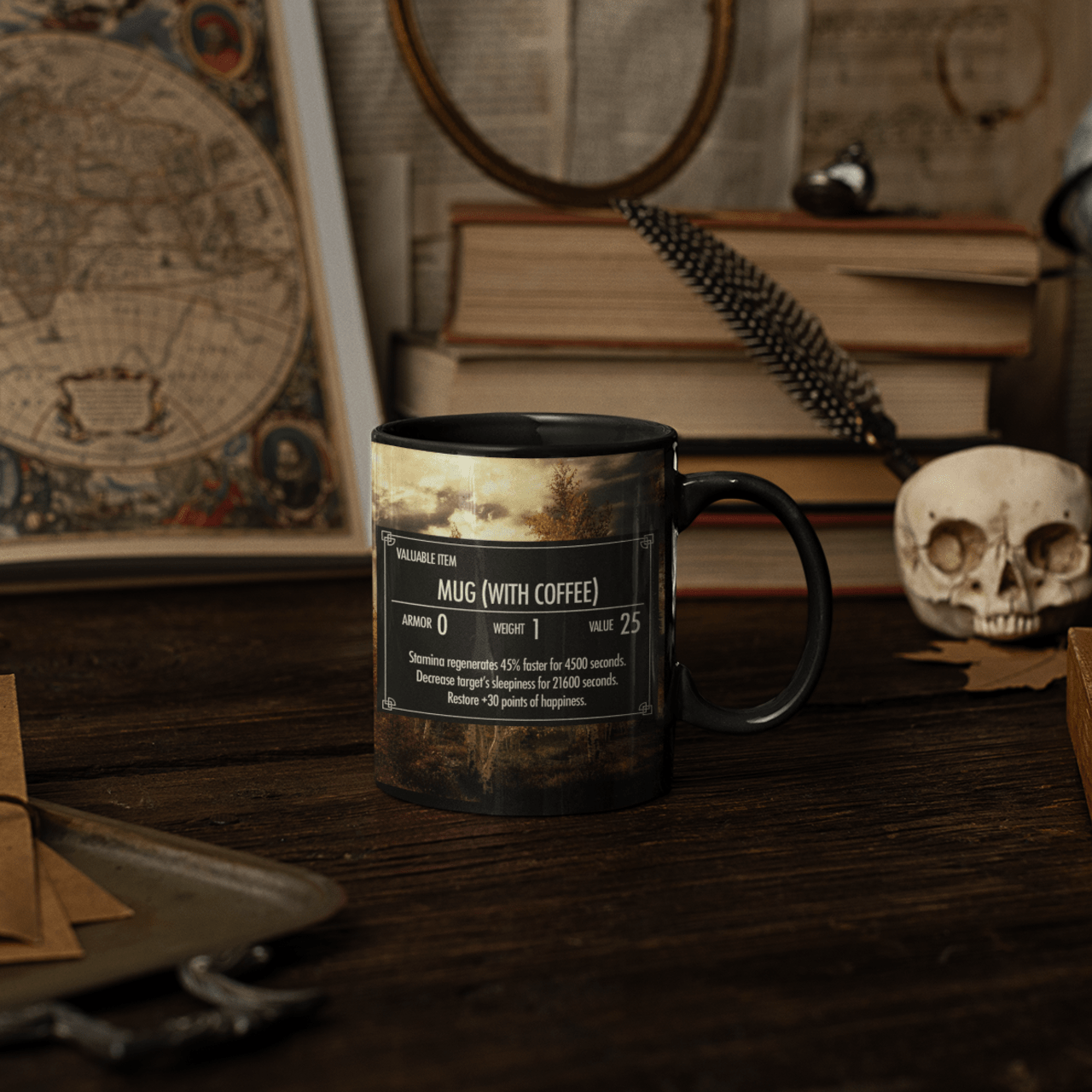 Skryim Mug (With Coffee) black cup on a dark academia style background with esoteric items