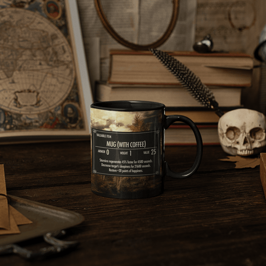 Skryim Mug (With Coffee) black cup on a dark academia style background with esoteric items