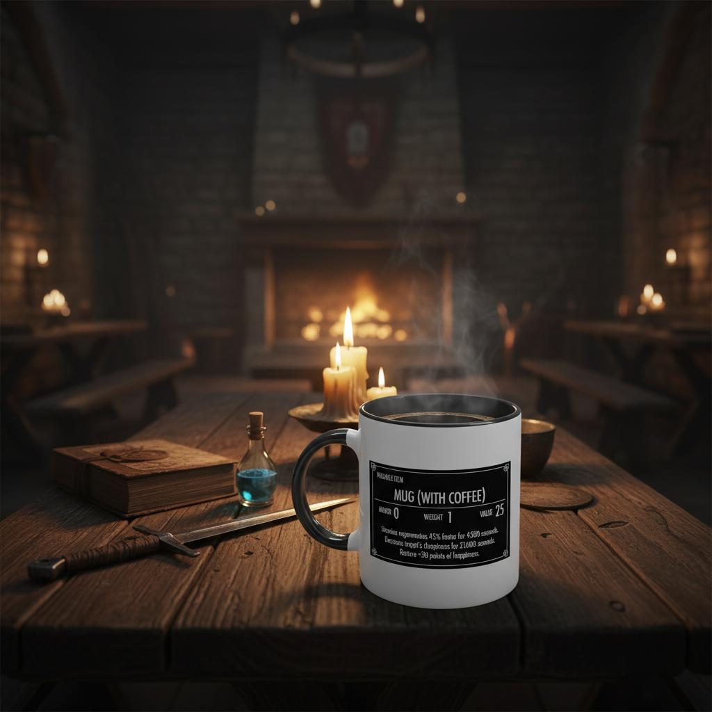 Skyrim White Mug (With Coffee) customisable on a table in a RPG tavern with quest items and potions