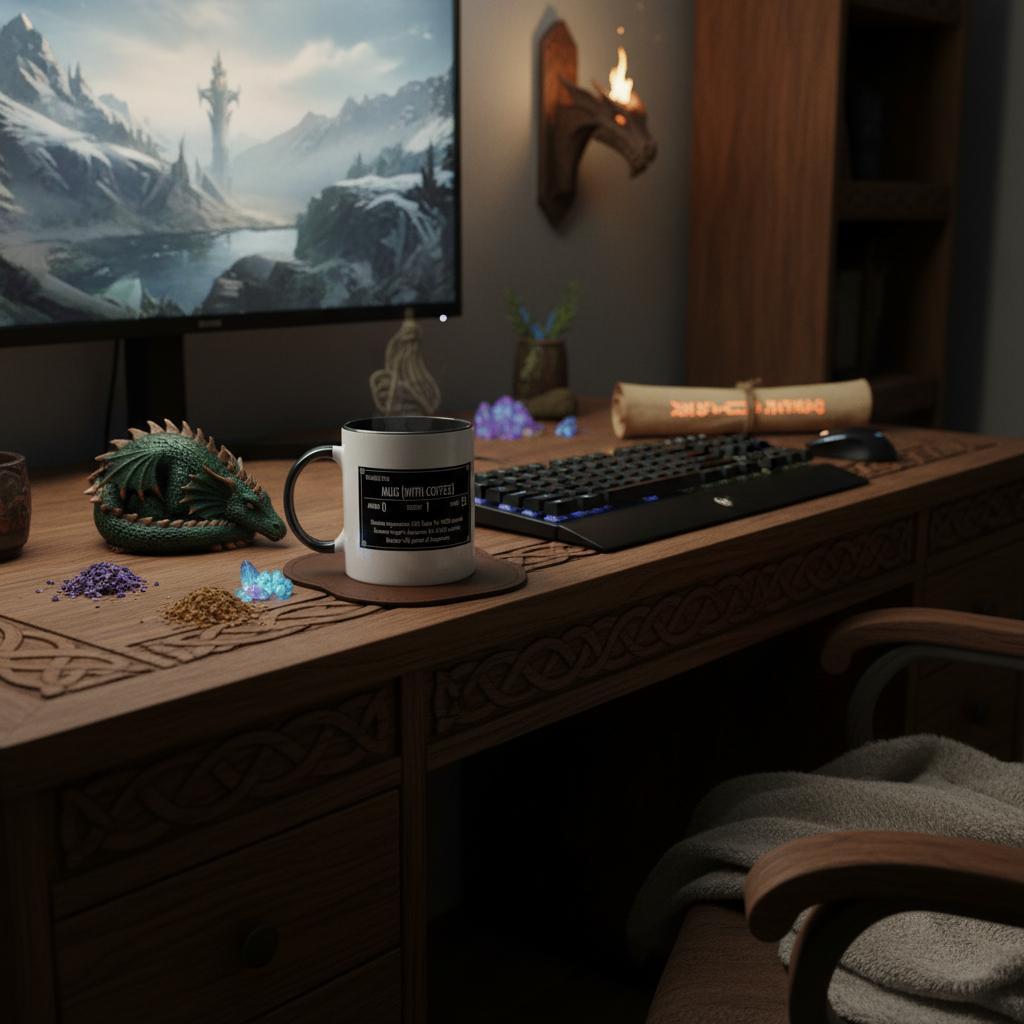 Skyrim White Mug (With Coffee) customisable on an RPG gaming desk with esoteric items