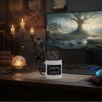 Skyrim Mug (With Coffee) on an imaginary gaming desk with candles and magick items