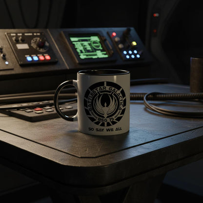 Battlestar Galactica BSG 75 logo mug on an low tech spaceship table