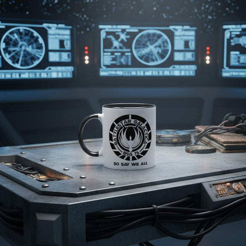 Battlestar Galactica BSG 75 logo mug on an industrial table