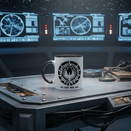 Battlestar Galactica BSG 75 logo mug on an industrial table