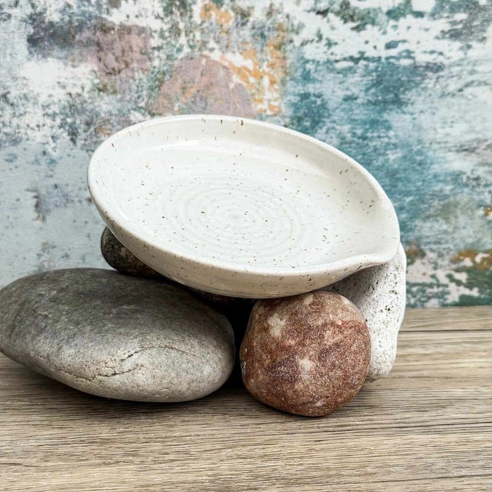 Handmade Stoneware Spoon Rest or Trinket Dish, Rustic Style with Lip