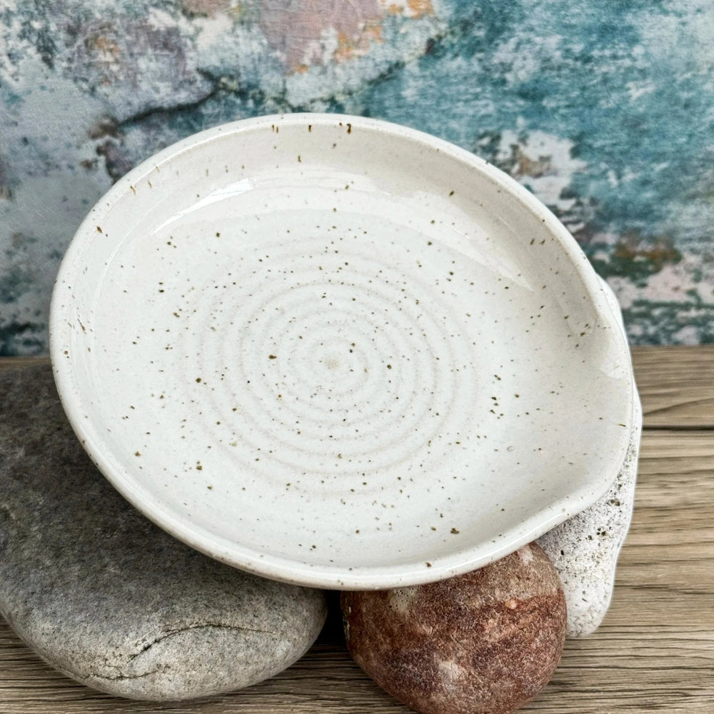 Handmade Stoneware Spoon Rest or Trinket Dish, Rustic Style with Lip