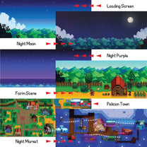 A grid displays various pixelated background designs inspired by Stardew Valley landscapes including a farm scene, Pelican Town, and night skies labeled "Night Moon," "Night Purple," and "Loading Screen.