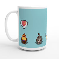 Stardew Valley inspired mug with pixel art designs of a ginger and tabby cats and emote heart on a light blue background