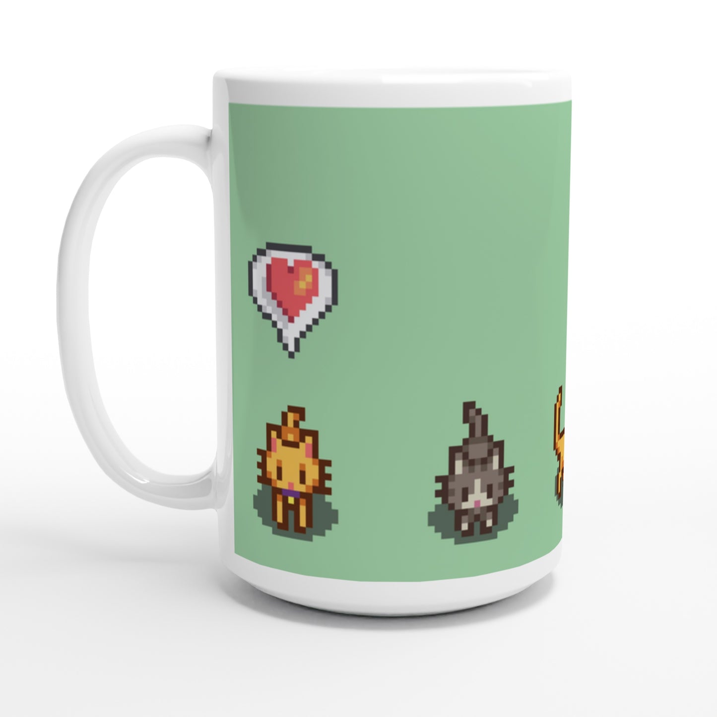 Stardew Valley inspired mug with pixel art designs of a ginger and tabby cats and emote heart on a light green background
