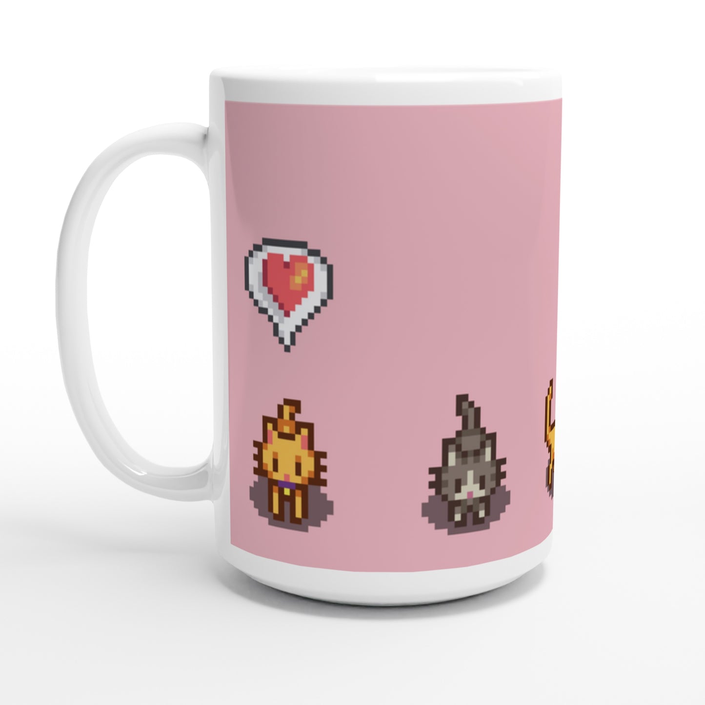 Stardew Valley inspired mug with pixel art designs of a ginger and tabby cats and emote heart on a light pink background
