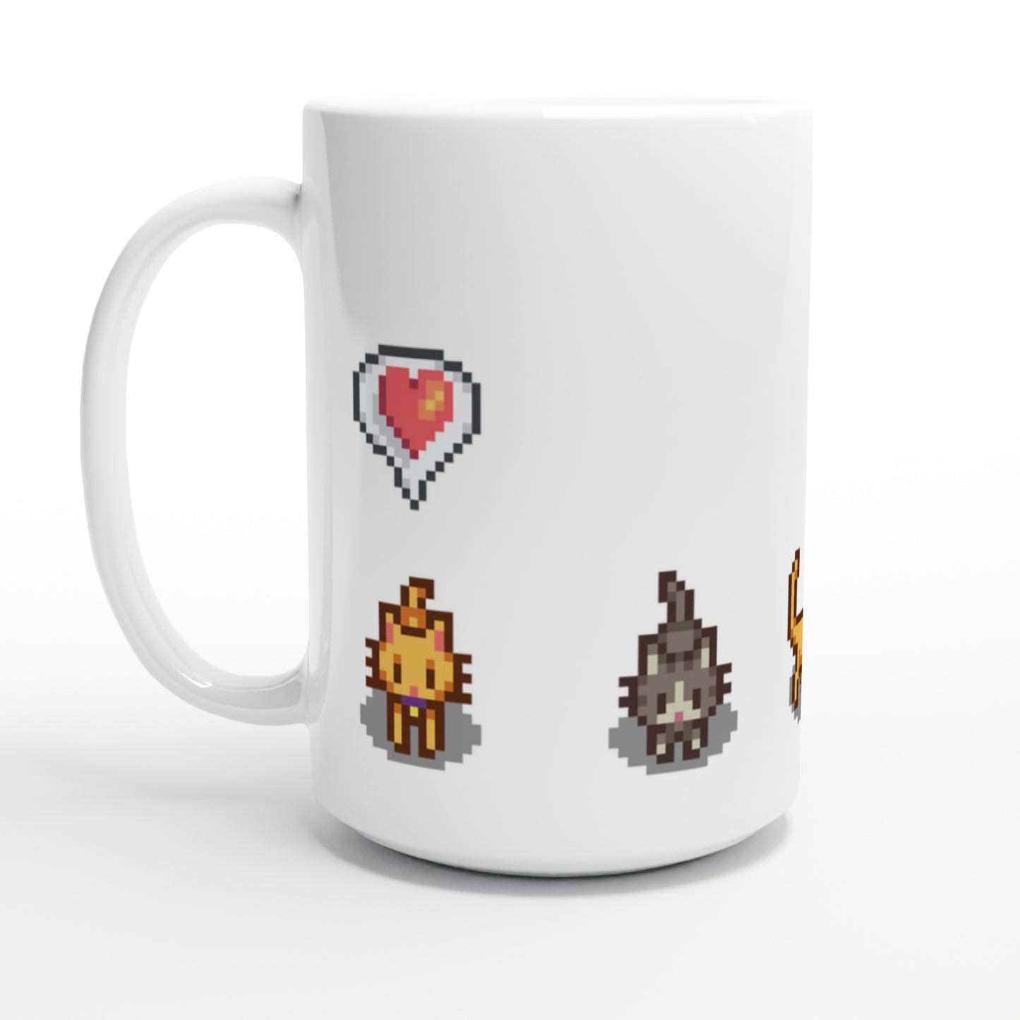 Stardew Valley inspired mug with pixel art designs of a ginger and tabby cats and emote heart on a white background