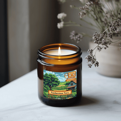 A lit Stardew Valley scented candle is displayed in an amber jar with a label depicting Featherstone Farm and seasonal imagery.