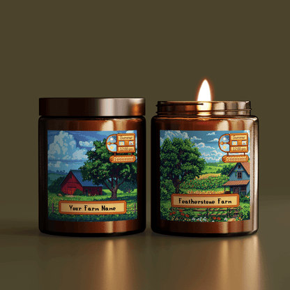 Two Stardew Valley-themed candles are displayed side by side, one featuring a customizable farm name and the other labeled "Featherstone Farm" with a visible flame burning on top.