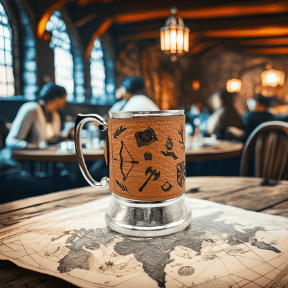 A steel beer mug wrapped in upcycled leather features Dungeons and Dragons-inspired designs like an axe and bow on a table covered with a map.