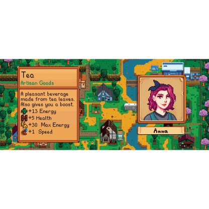 A Stardew Valley-style illustration depicts a character named Anna standing near a tea vendor offering artisan goods and energy boosts.