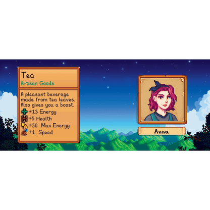 A Stardew Valley character named Anna stands framed against a landscape of mountains and a twilight sky, next to information about tea as an artisan good.