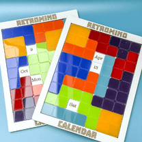 Two KronoBlox puzzles display different dates and days of the week arranged in a Tetromino pattern, labeled as a Retromind Calendar.