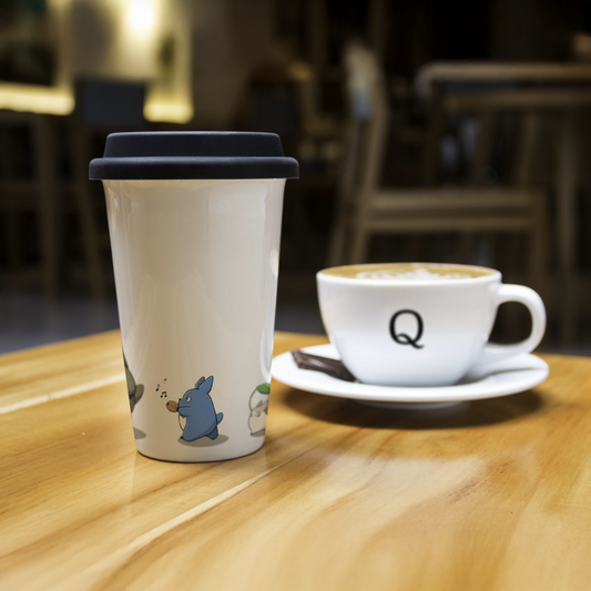 Ceramic travel mug with Totoro characters from Studio Ghibli and a Quirkify coffee cup on a wooden table.