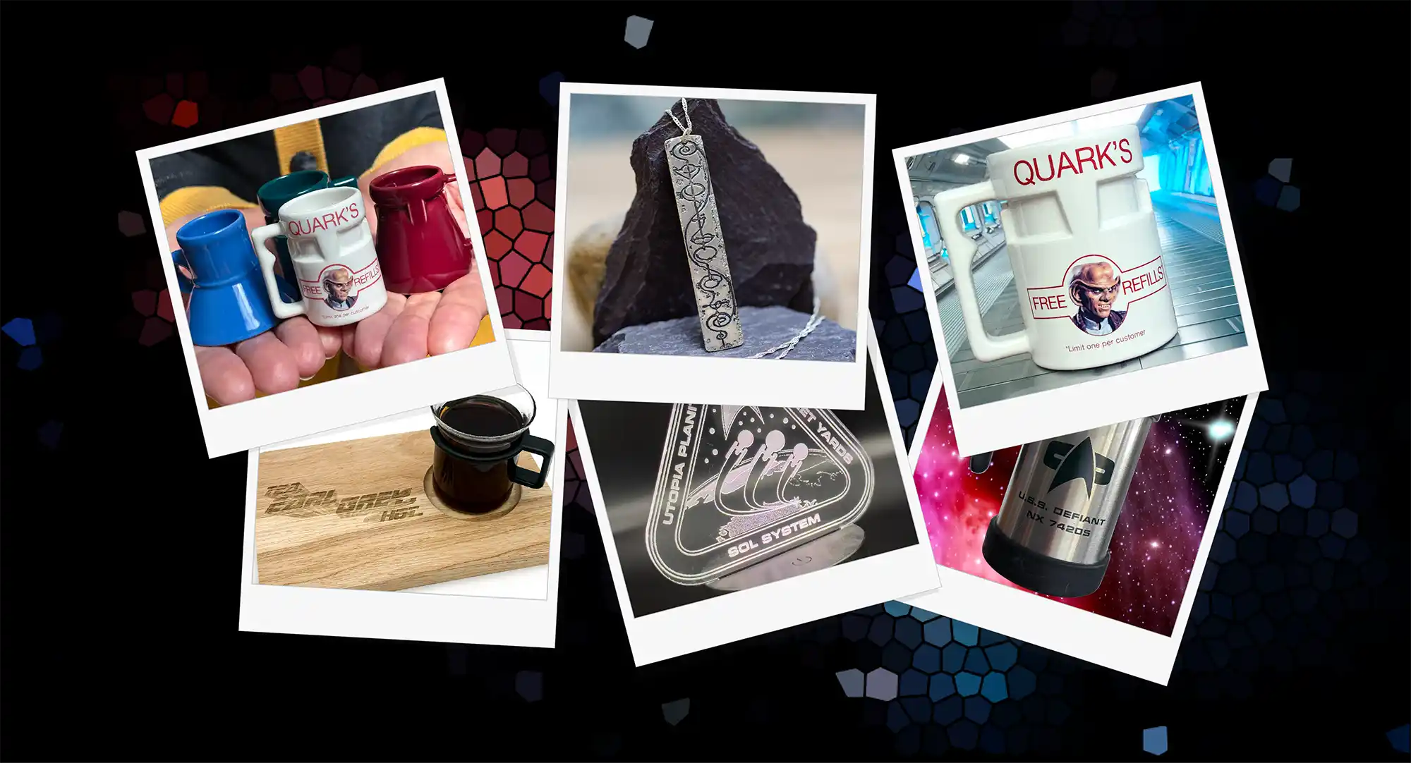 Collage of Star Trek products from DS9 mugs to IDIC jewellery, USS Defiant thermos, Starfleet lamps and Picard breakfast boards