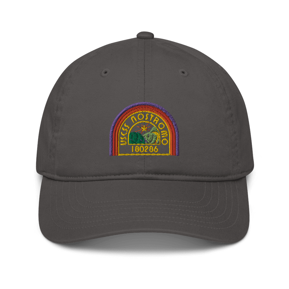 A gray Alien USCSS Nostromo embroidered dad hat features a rainbow-style logo of the ship and the number 1800286 on the front panel.