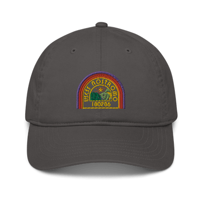 A gray Alien USCSS Nostromo embroidered dad hat features a rainbow-style logo of the ship and the number 1800286 on the front panel.