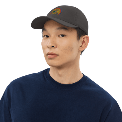 A person wears a gray Alien USCSS Nostromo embroidered dad hat with a rainbow-style logo on the front.
