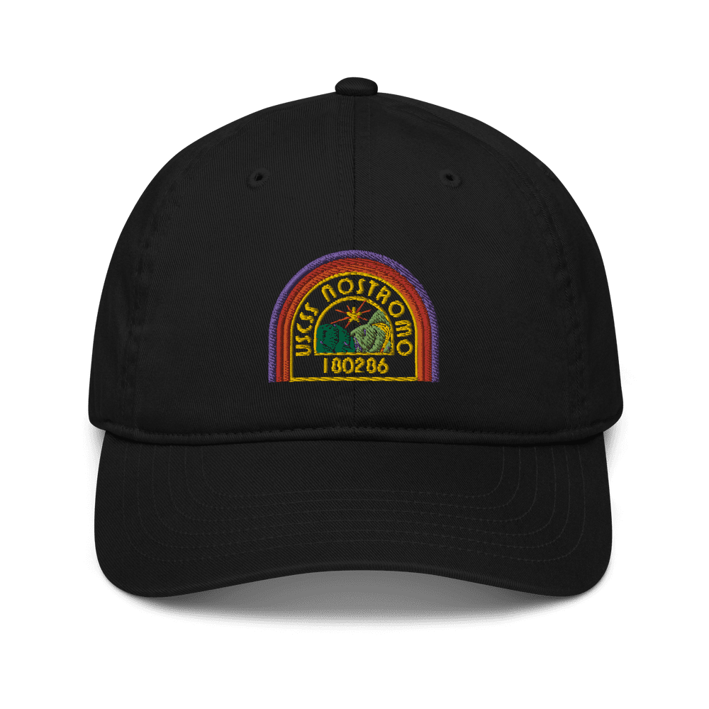 A black Alien USCSS Nostromo embroidered dad hat features a rainbow-style logo on the front panel.