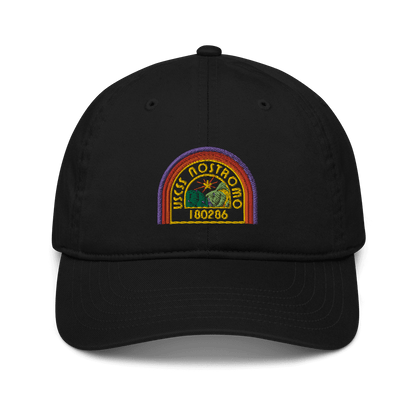 A black Alien USCSS Nostromo embroidered dad hat features a rainbow-style logo on the front panel.