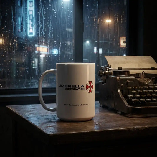 White mug with Umbrella Corporation logo from Resident Evil on a police desk with a typewriter, rain outside the window