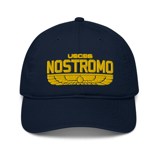 A navy blue baseball cap features an embroidered yellow "USCSS Nostromo" logo with a wings style design referencing the Alien franchise and Weyland-Yutani brand.