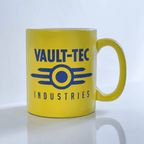 A yellow mug displays the Vault-Tec Industries logo from the Fallout video game series.
