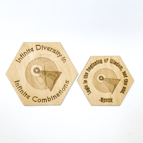 Two wooden hexomino puzzles feature a laser-engraved design and Star Trek inspired phrases referencing Vulcan logic and Spock.