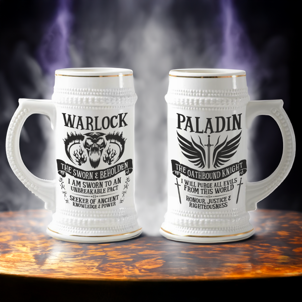 This ceramic tankard features designs representing D&D character classes Warlock and Paladin, along with associated magic and smoke.