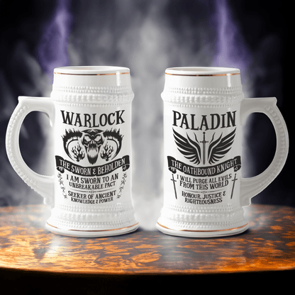 This ceramic tankard features designs representing D&D character classes Warlock and Paladin, along with associated magic and smoke.