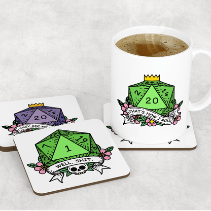 A white mug filled with coffee sits next to three coasters featuring a D20 die design with phrases referencing D&D humor and critical fails.