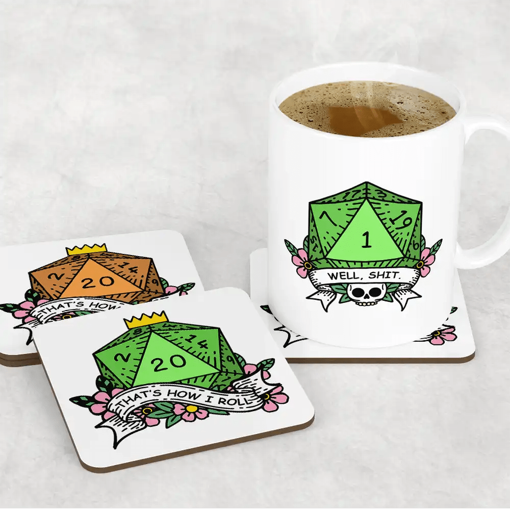 A white mug and two coasters display a D&D-themed design featuring a critical fail green D20 die and the words "Well Shit / That's How I Roll.