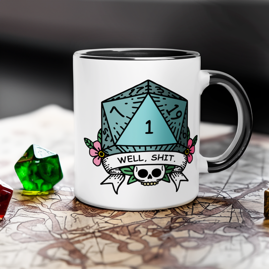 D&D double sided mug with a D20 critical fail design and 'Well, Shit' text on a map background. It has 'That's How I Roll' on the reverse side with a nat 20 die.