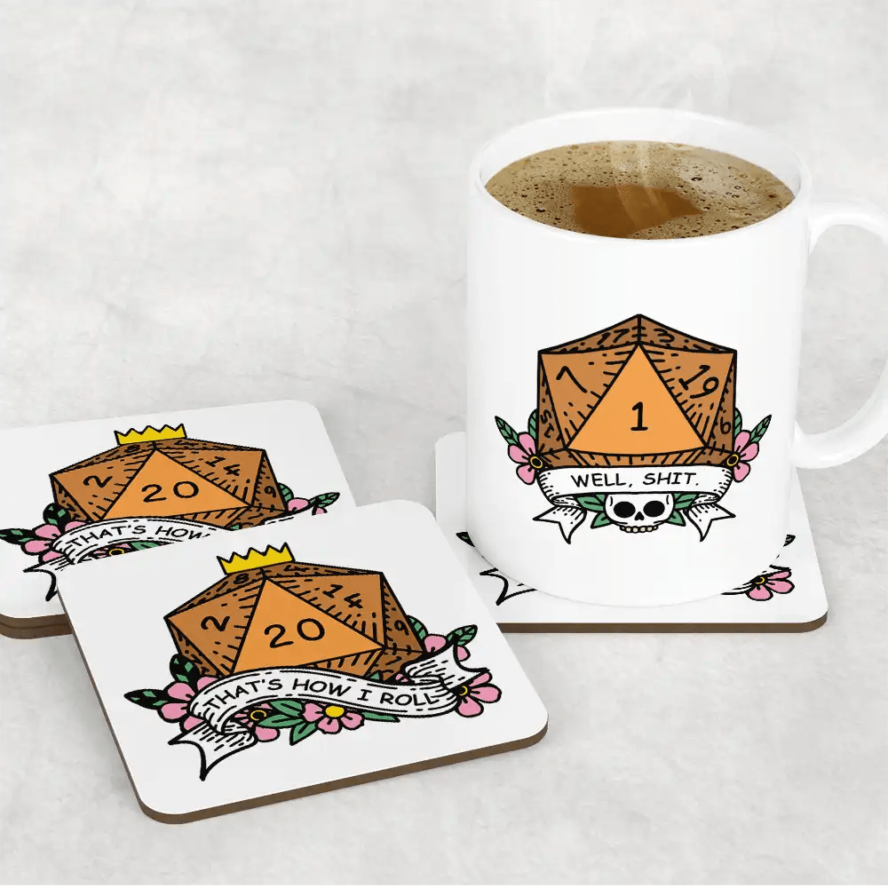 A white mug and two coasters display a D&D-themed design featuring a critical fail orange D20 die and the words "Well Shit / That's How I Roll.