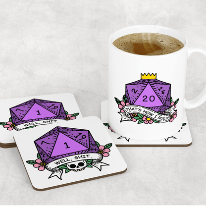 A white mug and two square coasters display a purple D20 die graphic with floral accents and the words "Well Shit" and "That's How I Roll," referencing D&D humor and critical fail rolls.