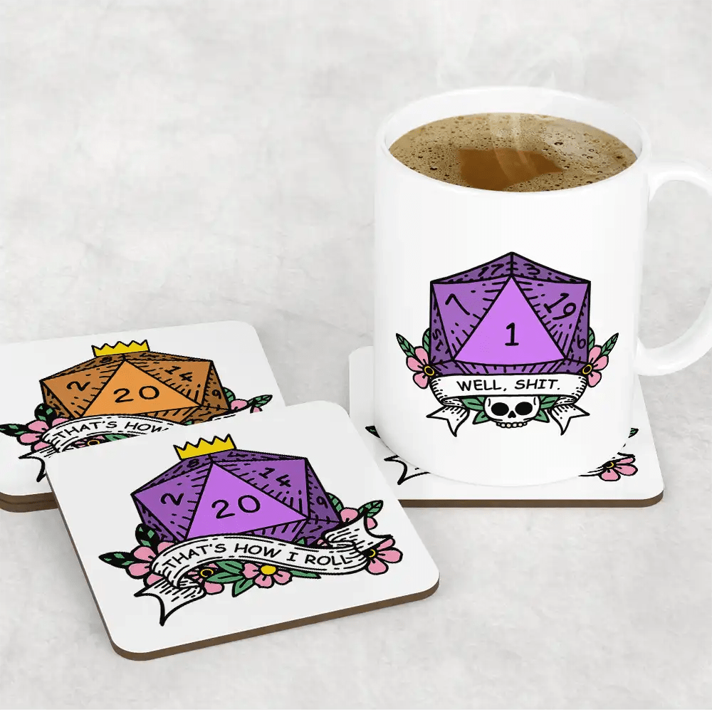 A white mug and two coasters display a D&D-themed design featuring a critical fail purple D20 die and the words "Well Shit / That's How I Roll.