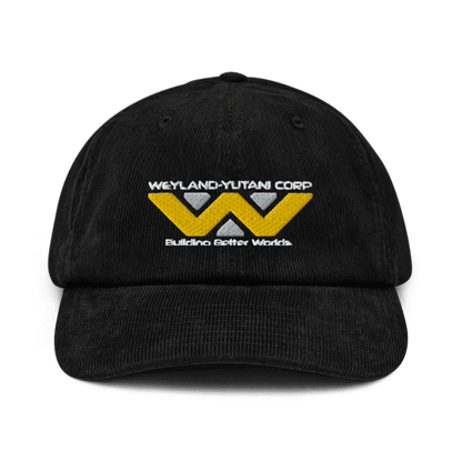 A black baseball cap features an embroidered Weyland-Yutani Corp logo with the text "Building Better Worlds" underneath.