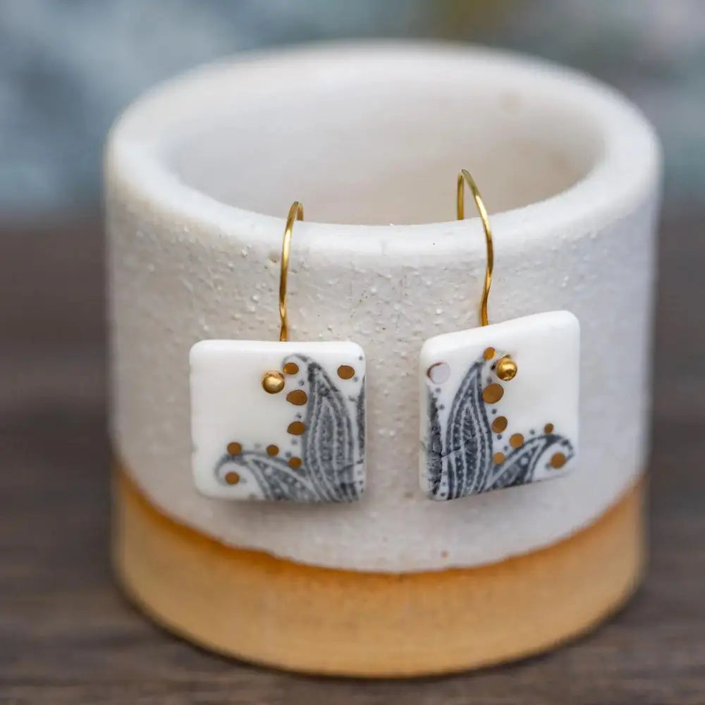 White Porcelain Paisley Earrings, Handmade Silver Jewellery
