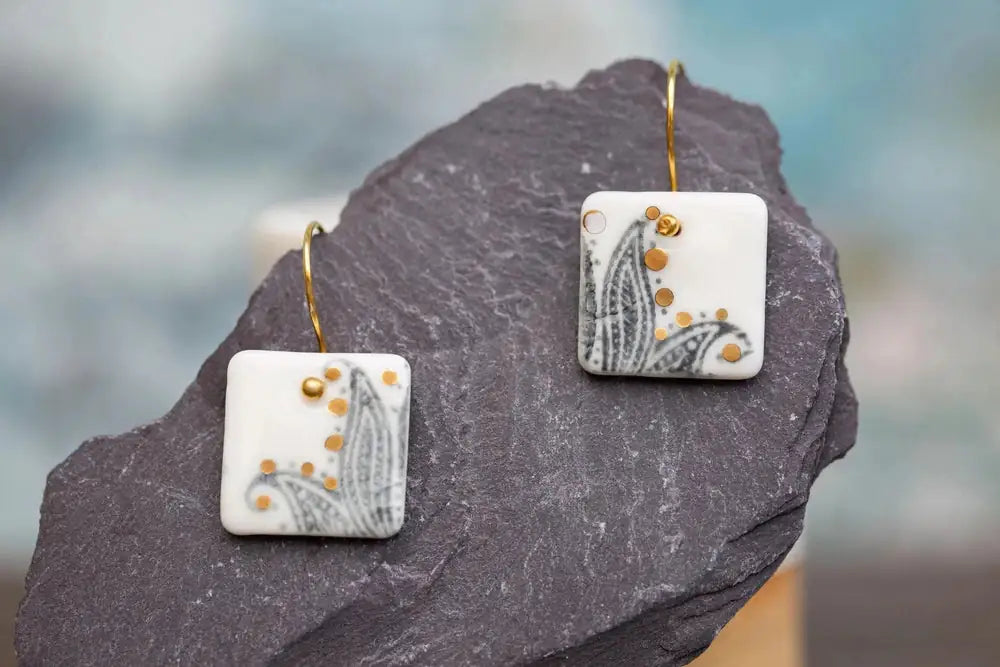 White Porcelain Paisley Earrings, Handmade Silver Jewellery