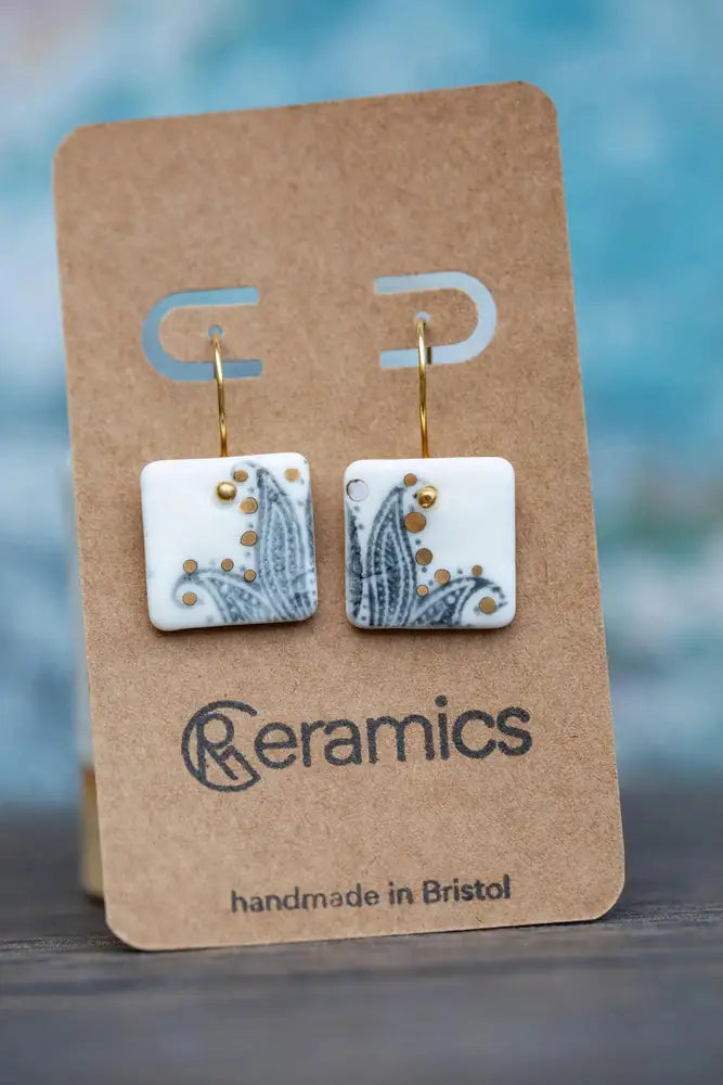 White Porcelain Paisley Earrings, Handmade Silver Jewellery