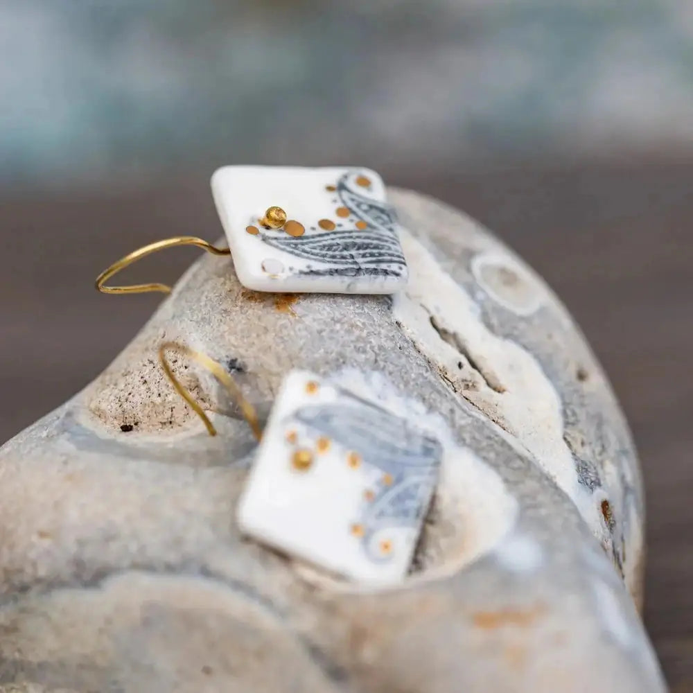 White Porcelain Paisley Earrings, Handmade Silver Jewellery